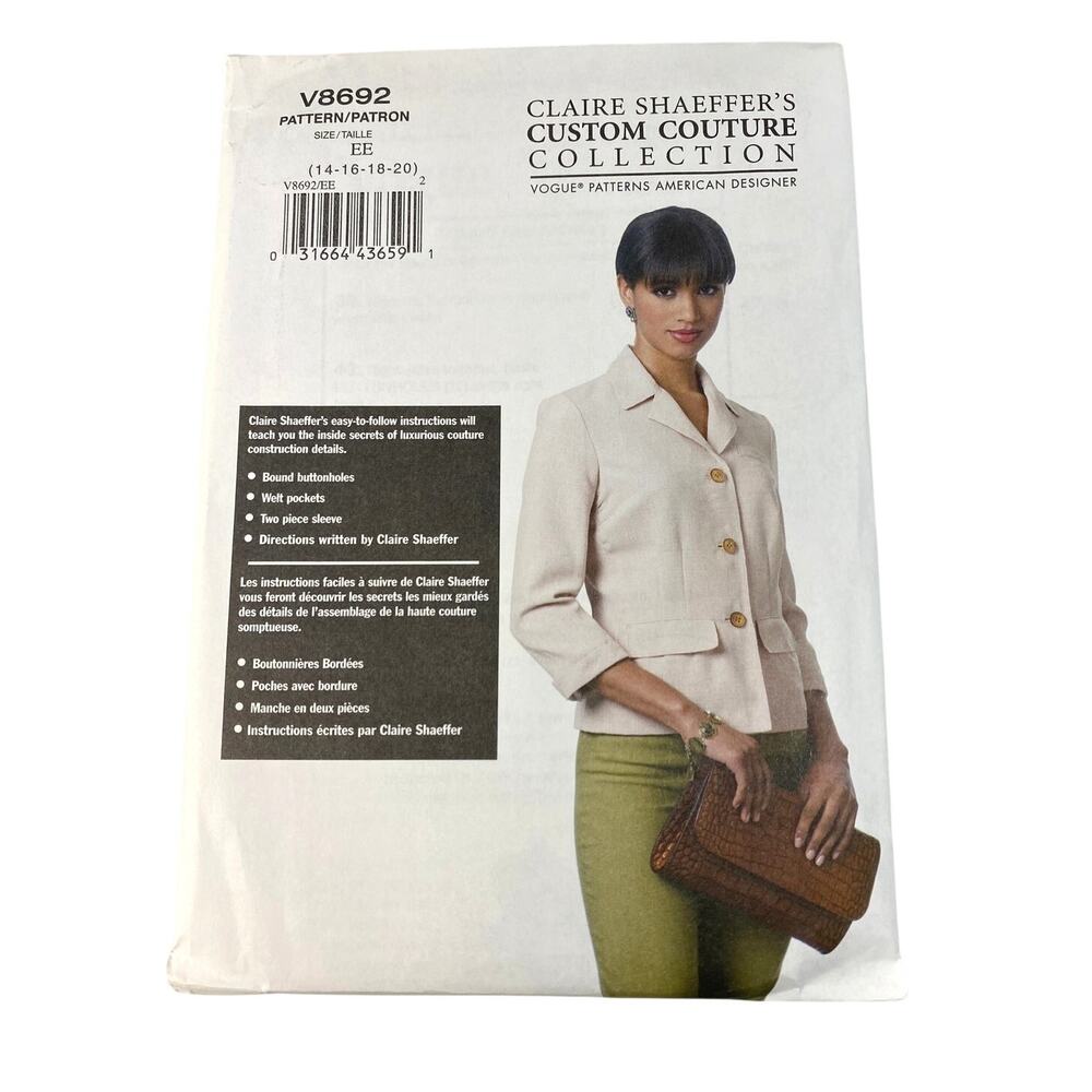 Vogue V8692 Claire Shaeffer Couture Jacket Pattern Size 14-20 EE Rare OOP UC FF